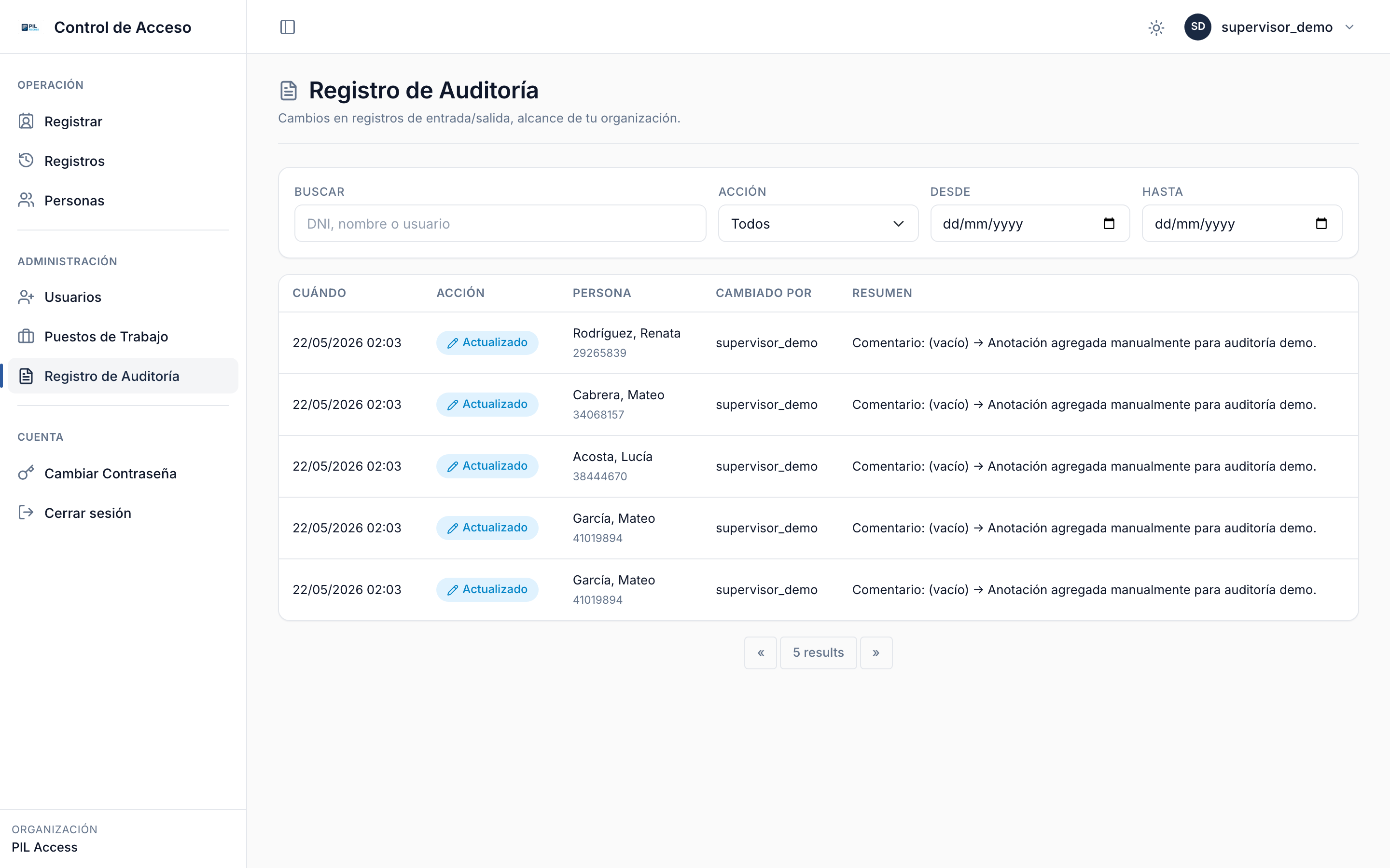 Listado de eventos de auditoría con filtros.