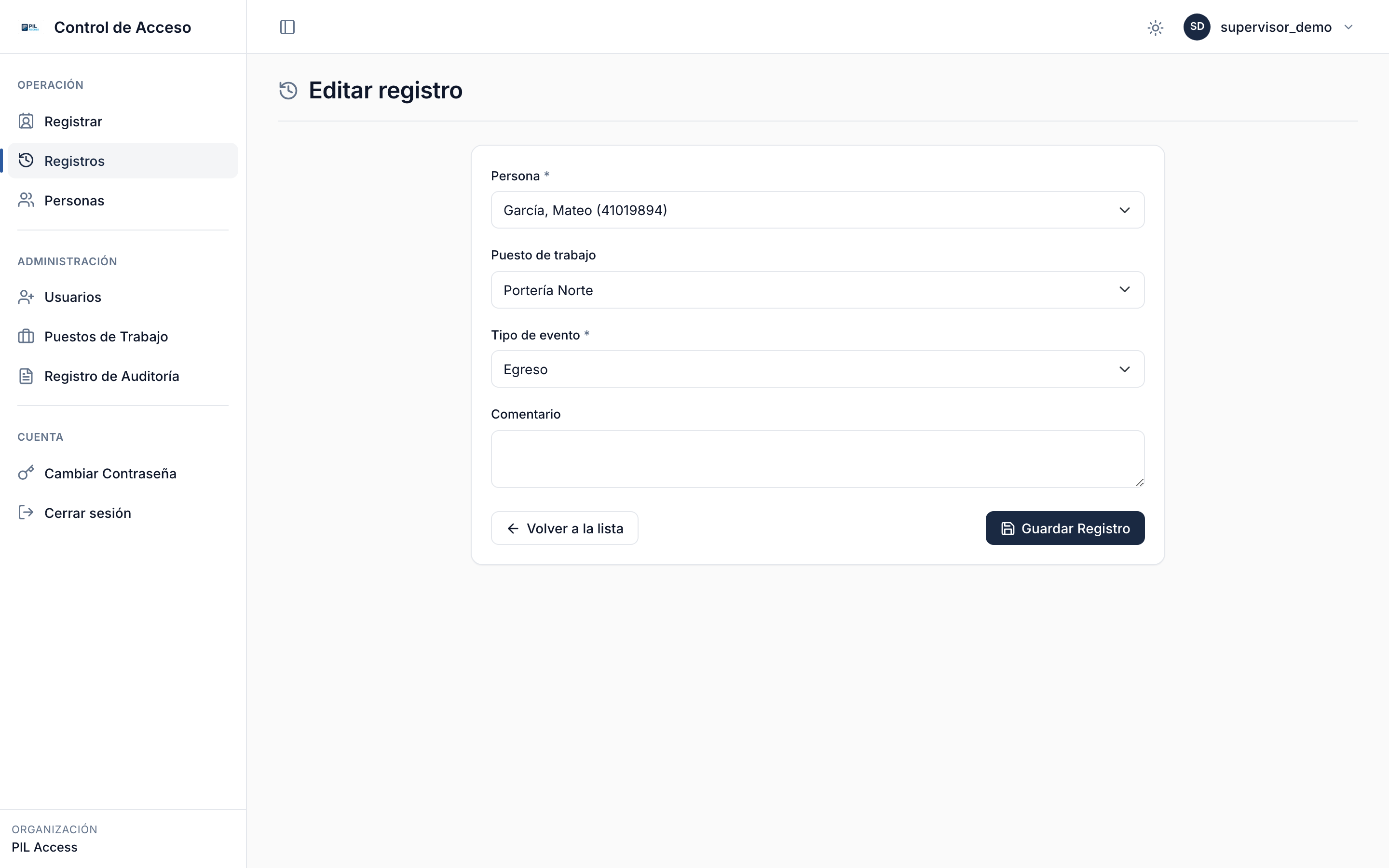 Modal de edición de un registro existente.