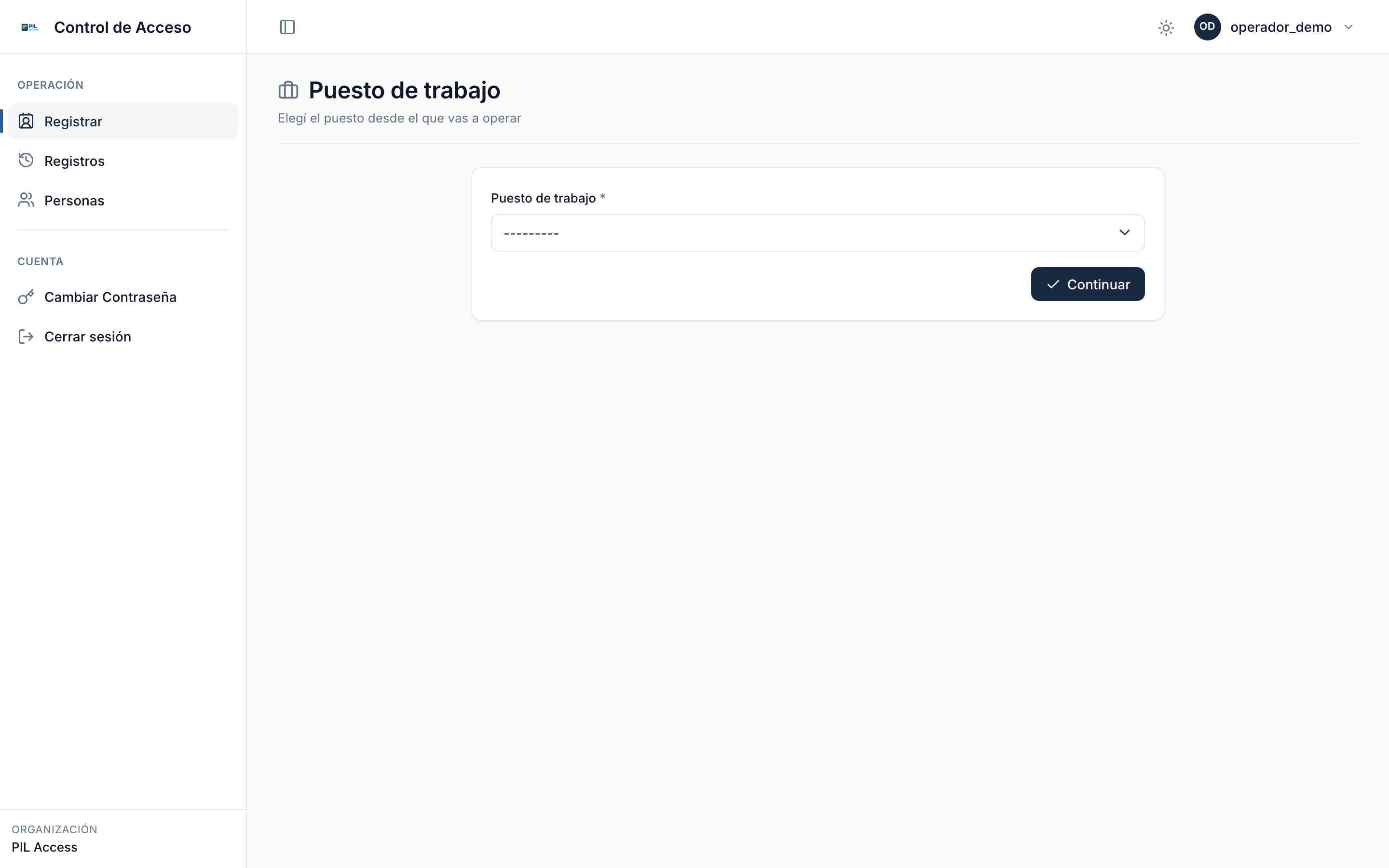 Pantalla de selección de puesto al iniciar el turno.